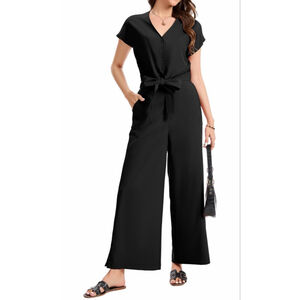 NEW Black 2 Pc Travel Set Outfit Casual V Neck Wide Leg Pants M